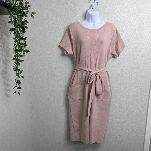Torrid Mauve Pink Knit Ribbed Sweater Dress Short Sleeve Knee Length Self Tie 2X - Picture 2 of 11